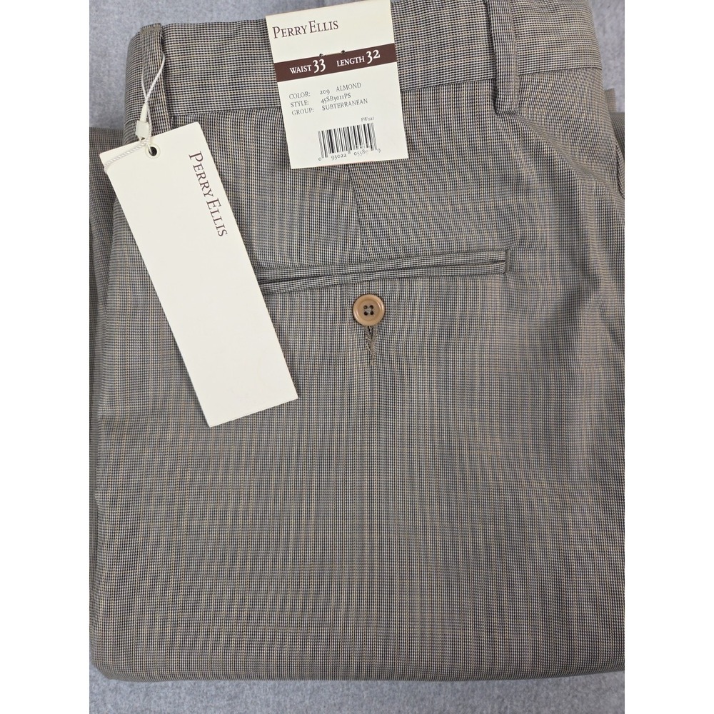 Perry Ellis Mens Vintage Dress Pants 33x32 Almond Houndstooth Career‎ Preppy NEW